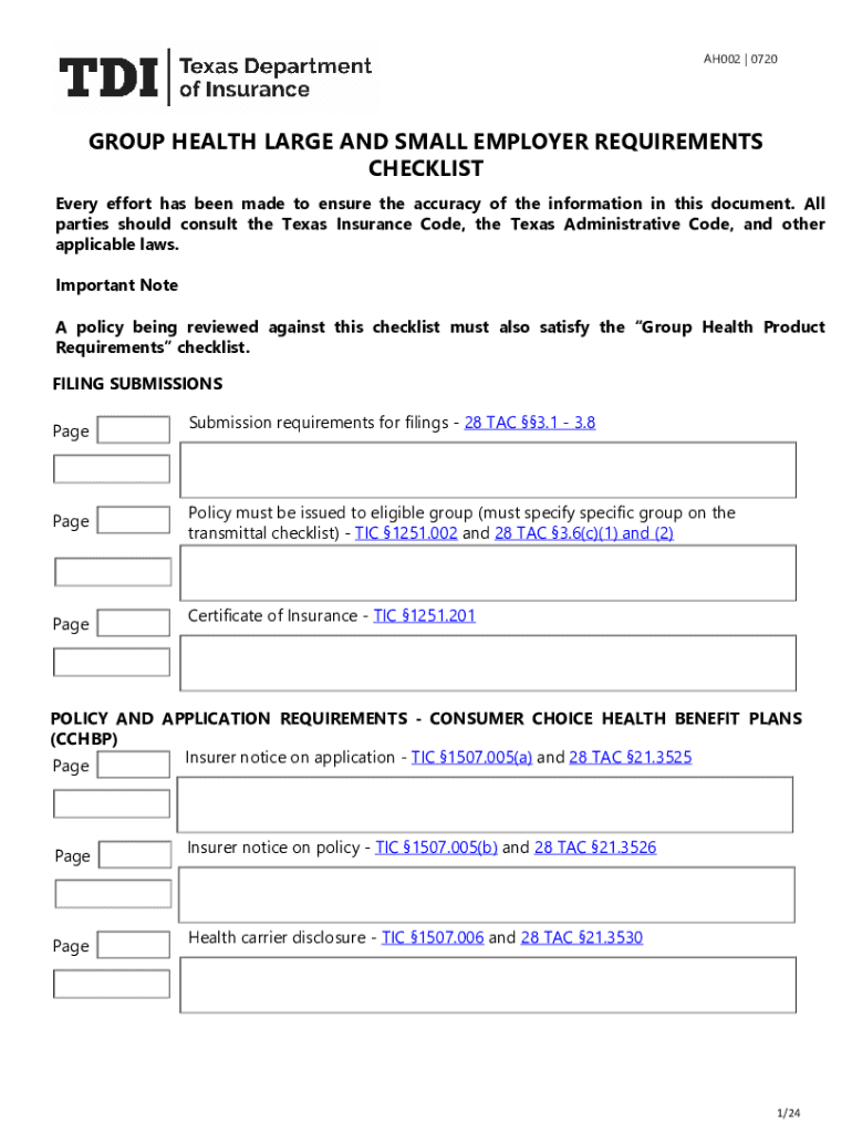  Group Health Large and Small Employer Requirements Checklist 2020-2024