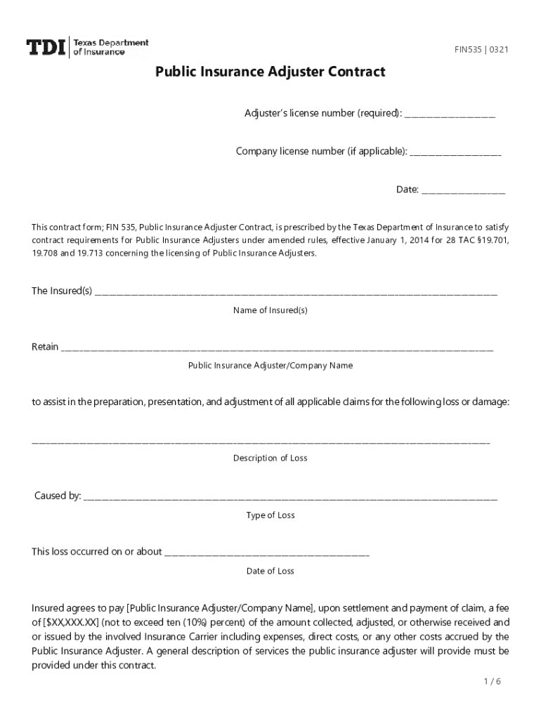  FIN535Public Insurance Adjuster ContractAdjuster Public Insurance Texas Department of InsuranceAdjuster Public Insurance Texas D 2021-2024