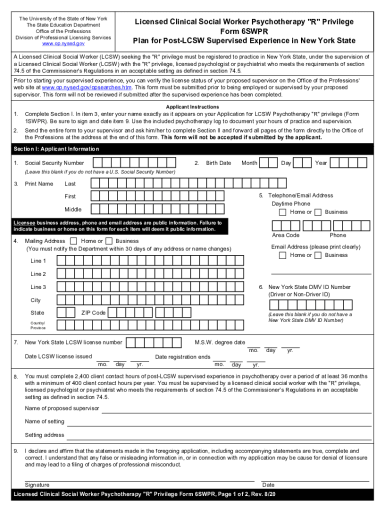 Swpr6 Plan for Post LCSW Supervised Experience in New York State  Form