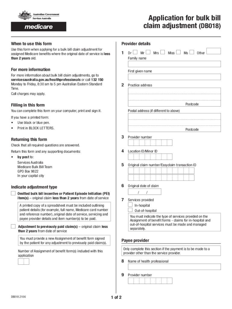  Application for Bulk Bill Claim Adjustment DB018 2021-2024