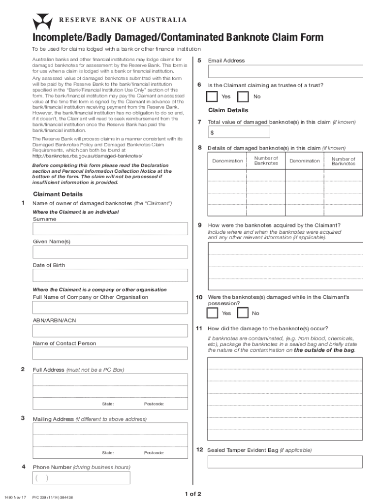 1480 Incomplete Badly Damaged Contaminated Banknote Claim Form 091117