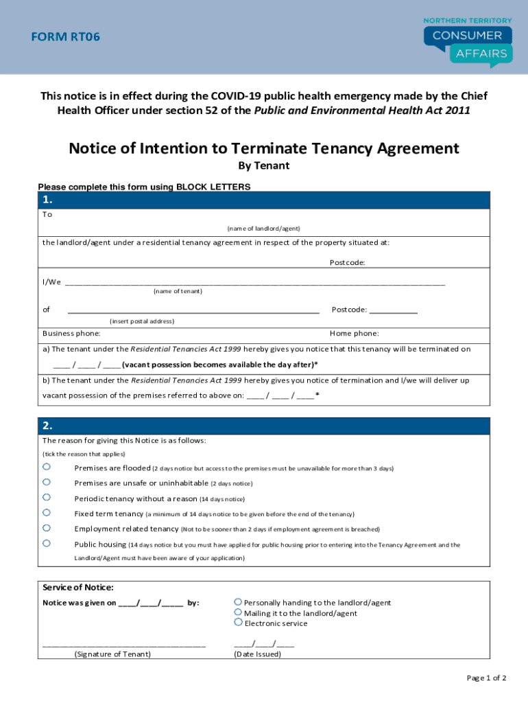  Form RT06 Notice of Intention to Terminate Tenancy Agreement by Tenant 2020-2024