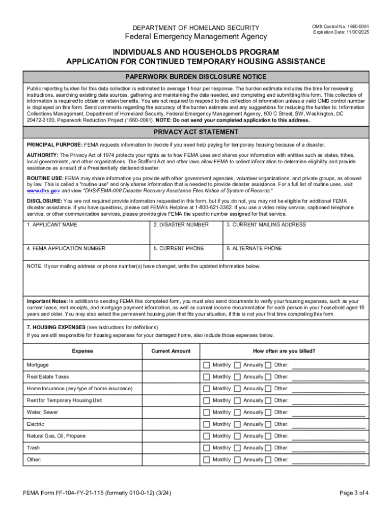 FEMA Application for Continued Temporary Housing Assistance  Form