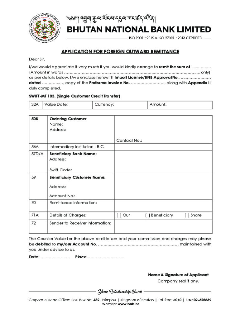 APPLICATION for FOREIGN OUTWARD REMITTANCE Dear Si  Form