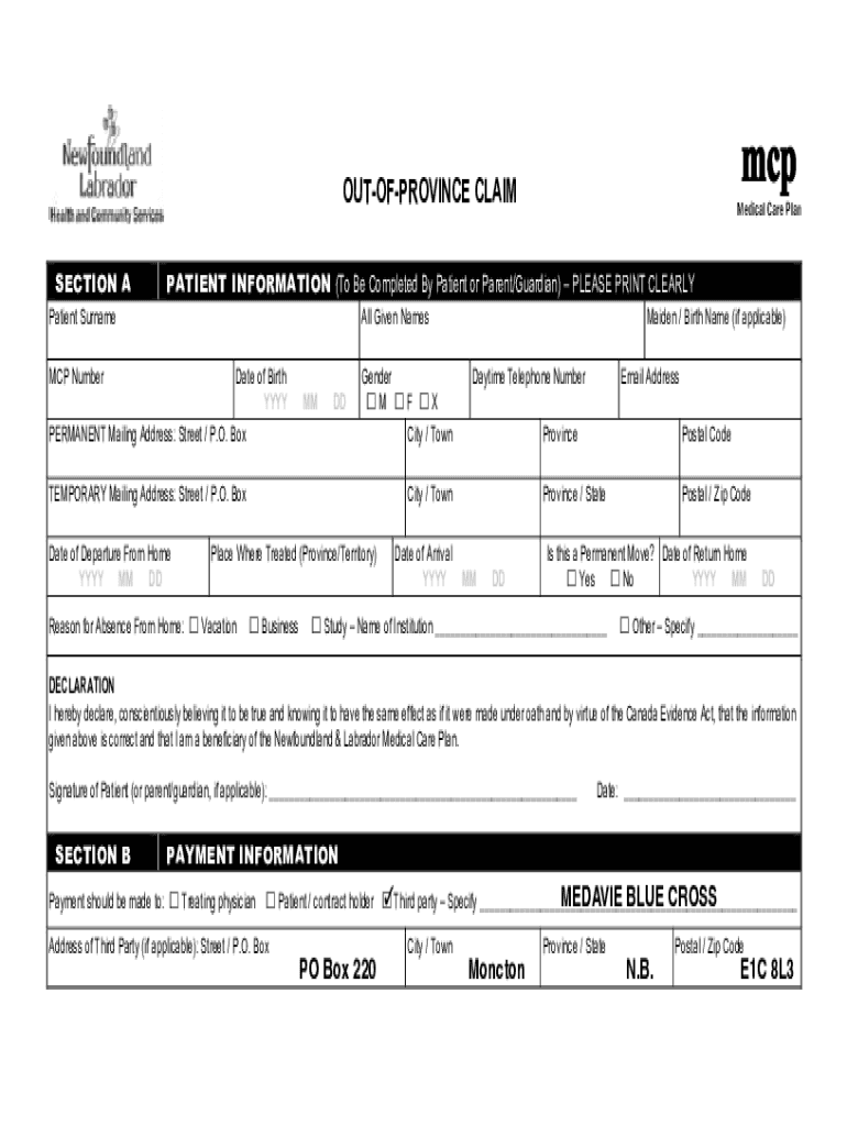 Out Province Claim Form