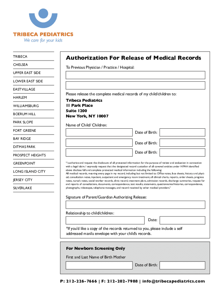  Fillable Online Tribeca Pediatrics Form Fax Email Print pdfFiller 2017