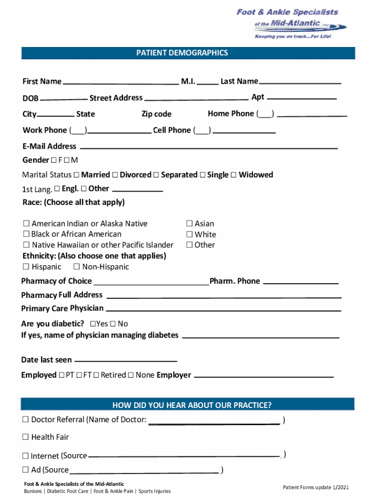 Foot and Ankle Specialists of the Mid Atlantic New Patient Form Large Type Format