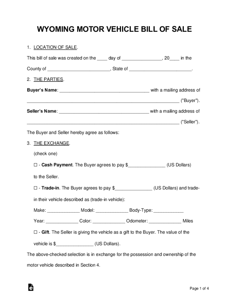 Wyoming Motor Vehicle Bill of Sale EForms