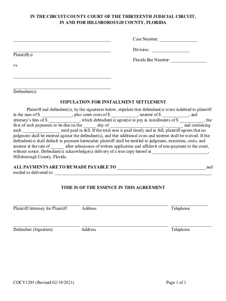 COCV1295 Stipulation for Installment Settlement COCV1295 Stipulation for Installment Settlement  Form