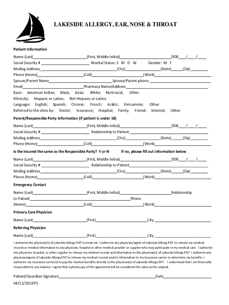  TX Lakeside Allergy ENT Patient Registration Form 2019-2024