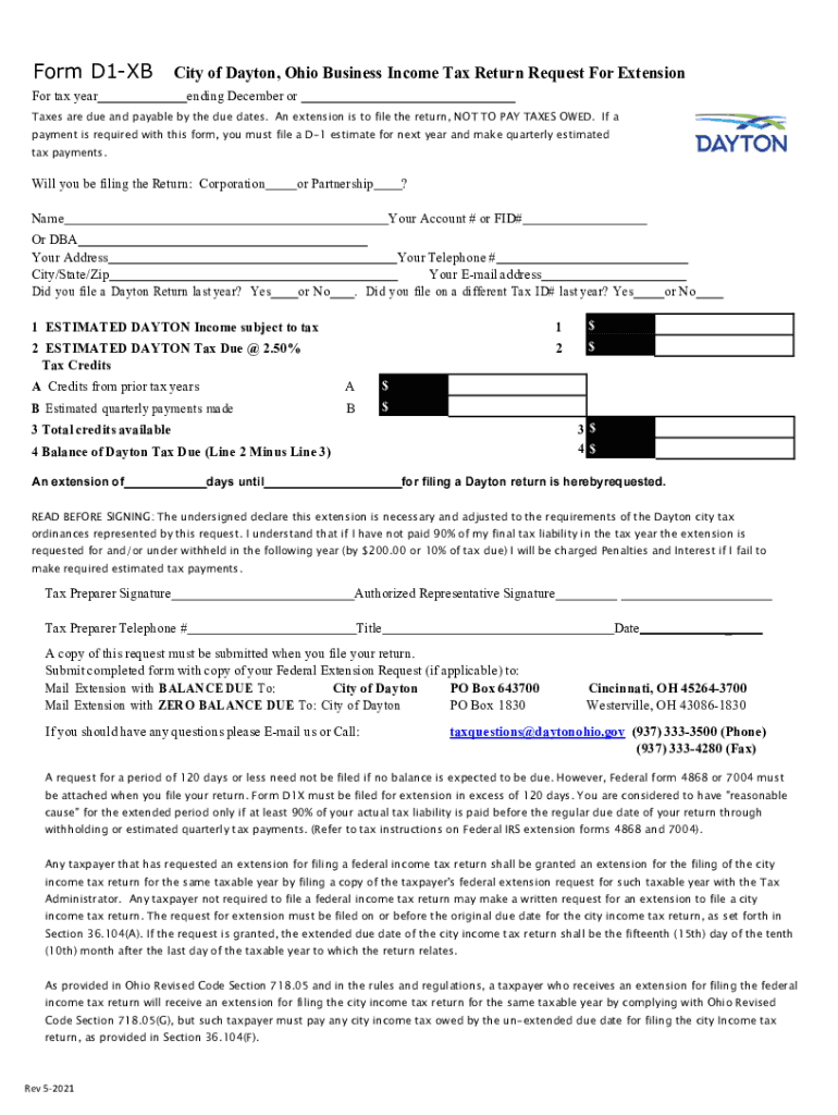 Form D1 XB &amp;quot;Business Income Tax Return Request for Extension