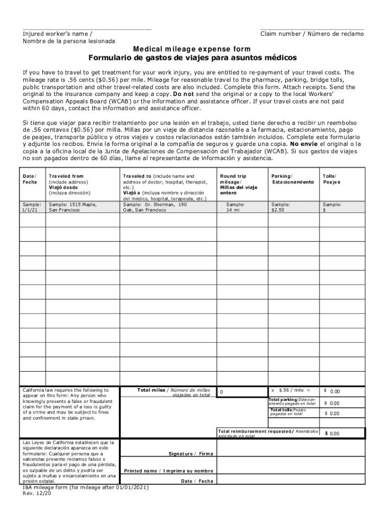California Medical Mileage Expense Form Download Fillable