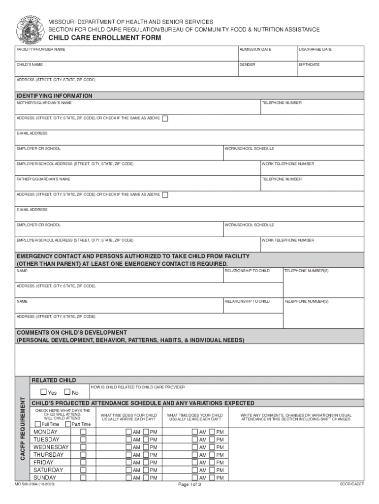 Childcare Enrollment Misouri  Form