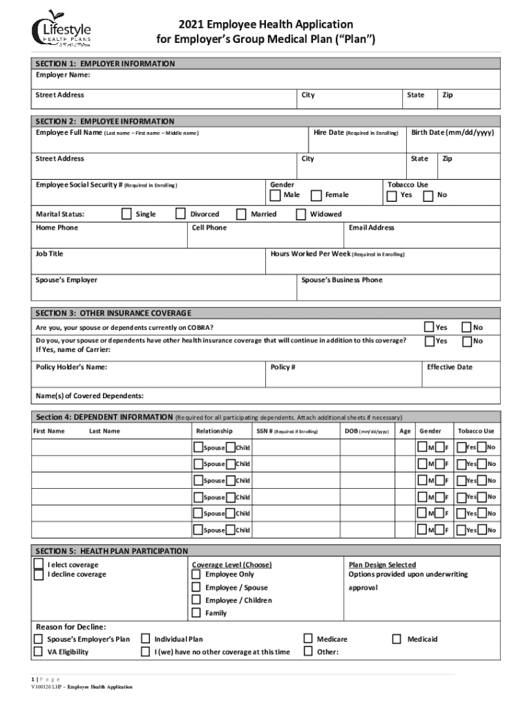 202 Employee Health Application for Employers Group  Form