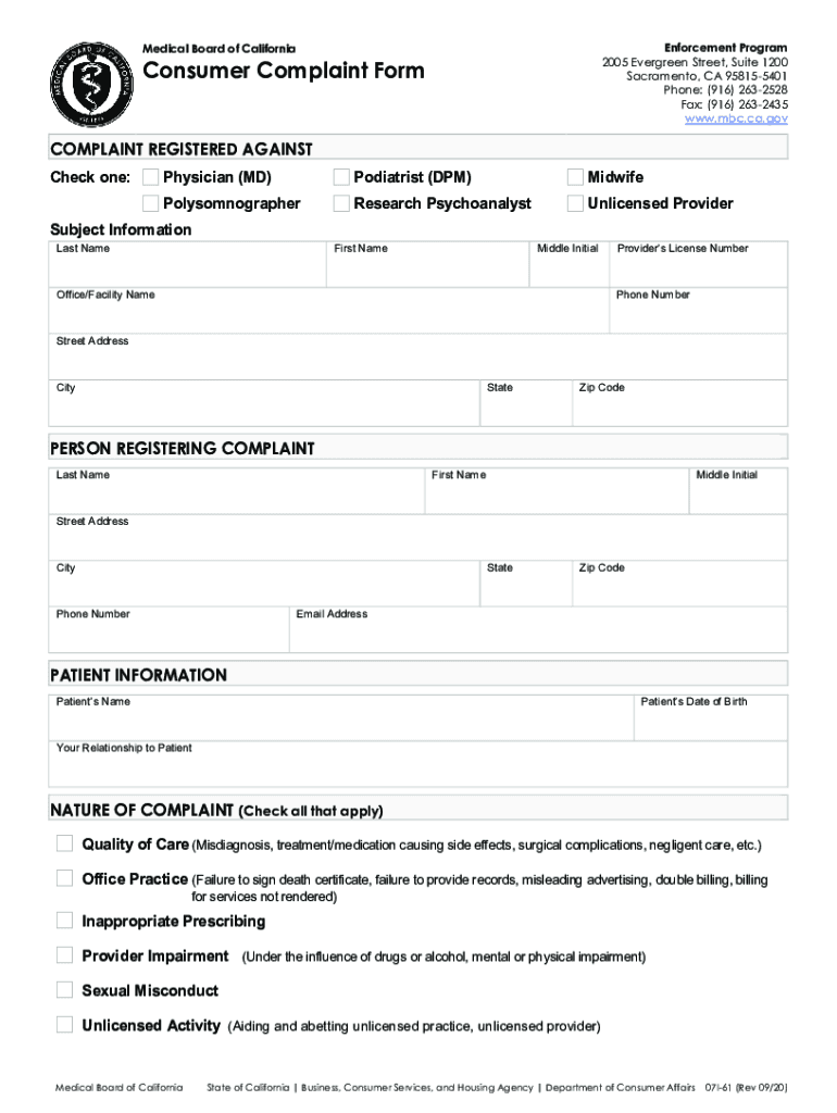 Fillable Online Consumer Complaint Form Medical Board of