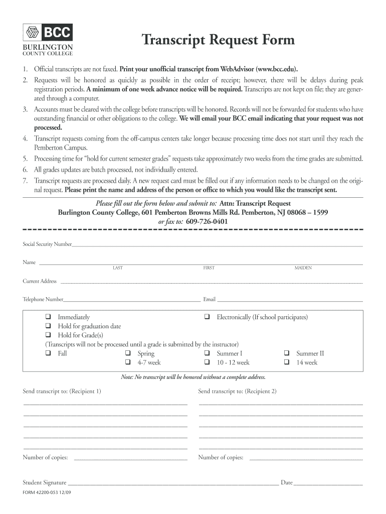  Burlington County College Transcripts 2009-2024