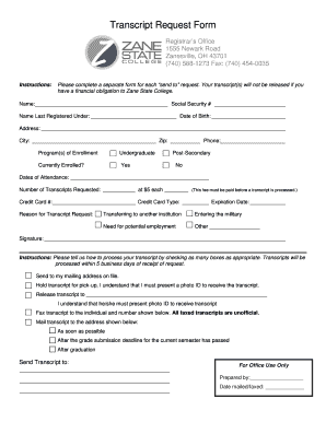 Zane State Transcript Request  Form