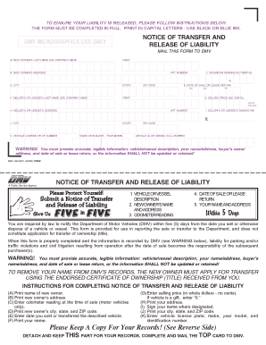Notice of Transfer and Release of Liability  Form