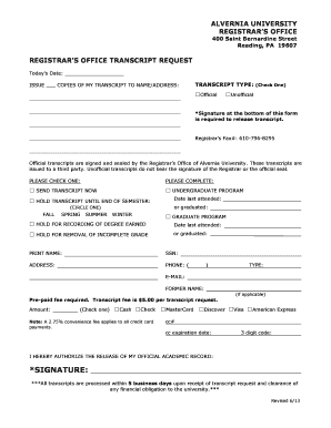 Alvernia Transcript Request  Form