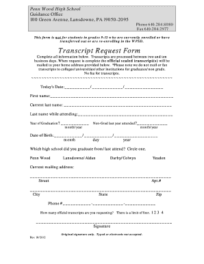 Penn Wood High School Transcript Request  Form