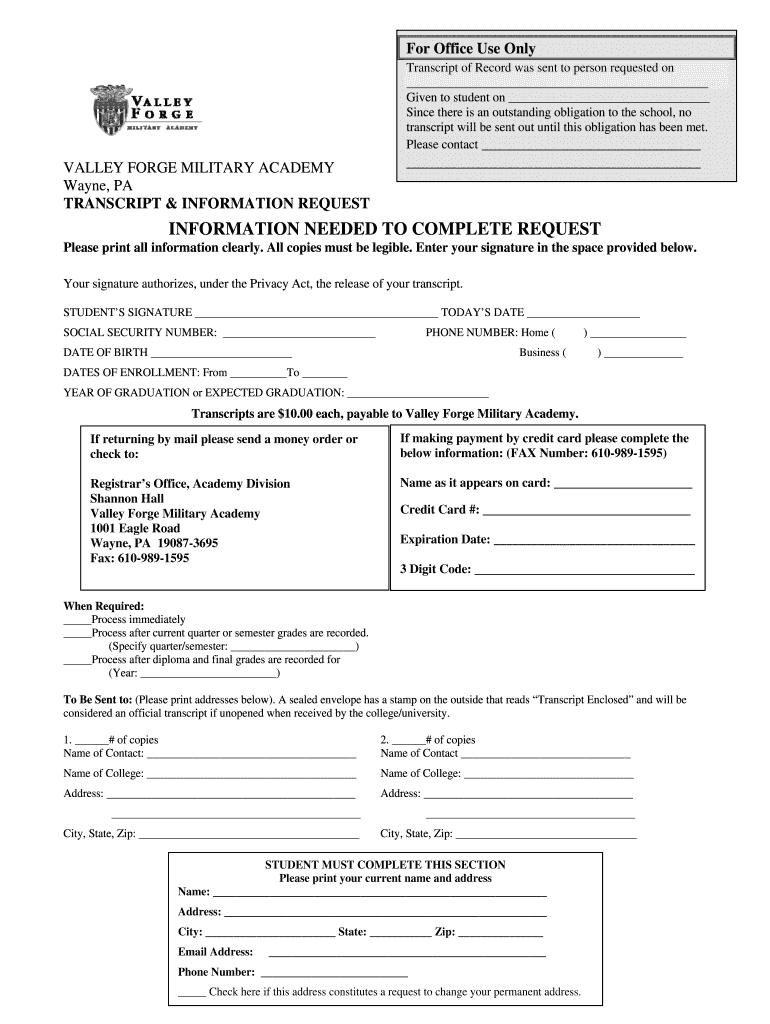 Valley Forge Military Academy Transcript Request  Form