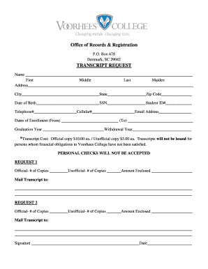 Voorhees College Transcript Request  Form