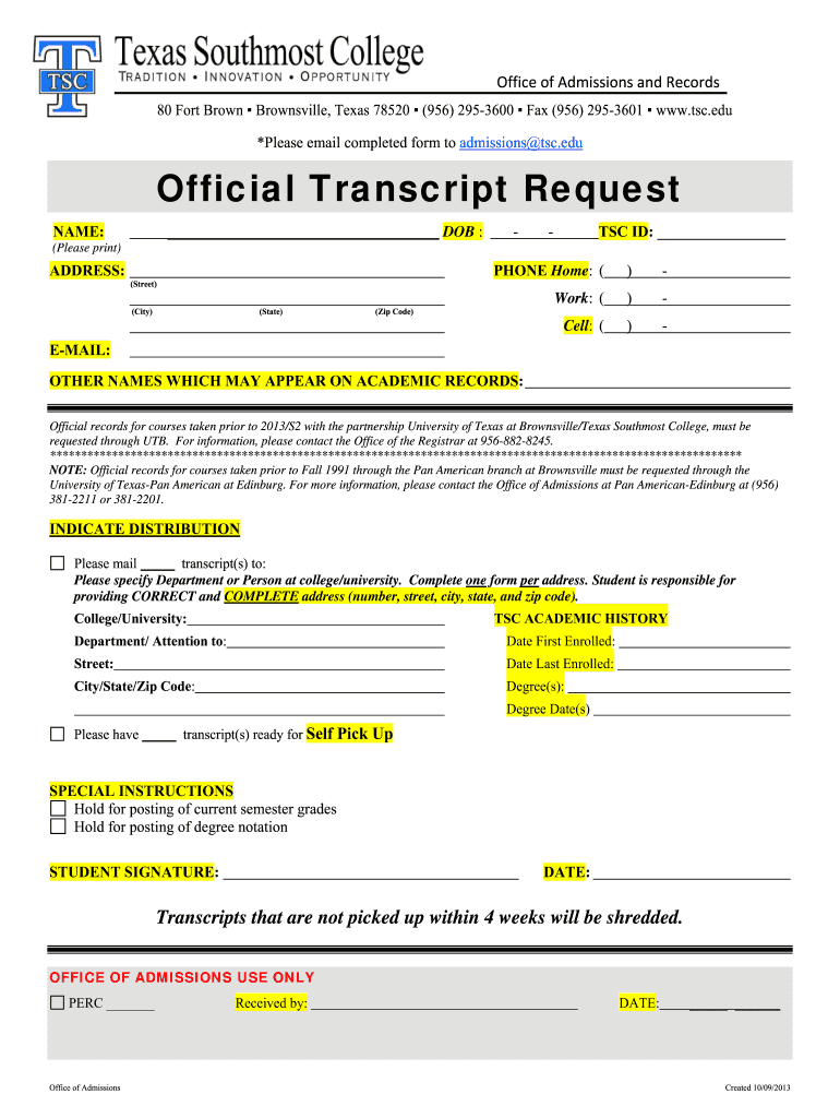  Tsc Online Transcript Form 2013