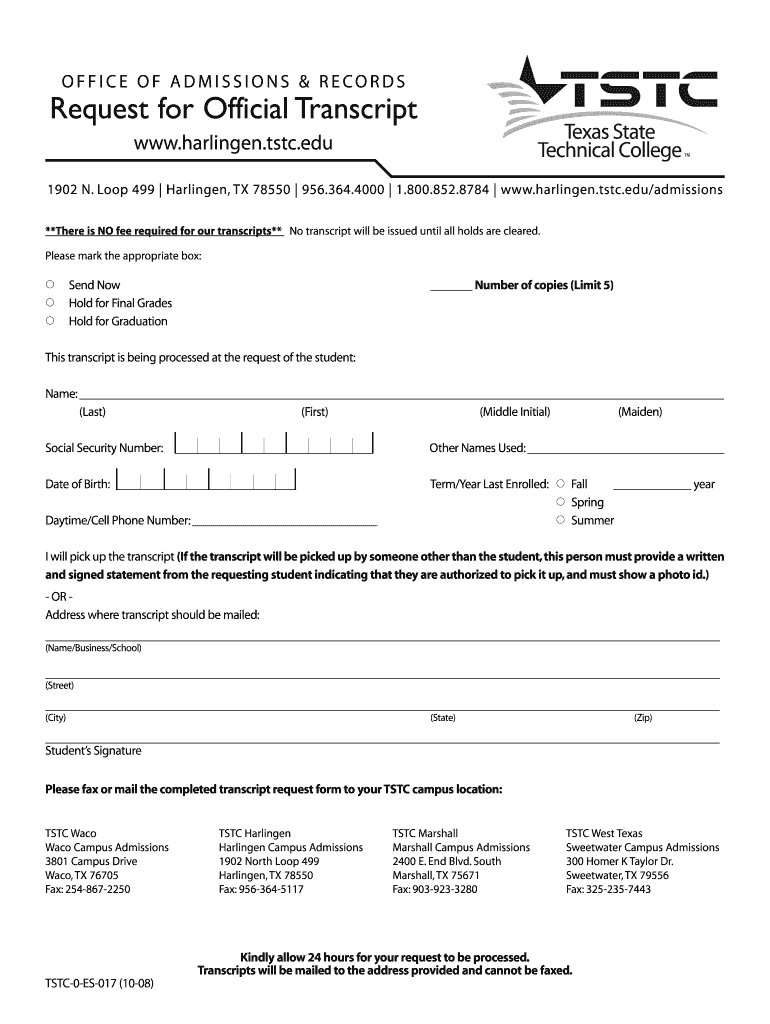  Tstc Request Transcript Form 2008