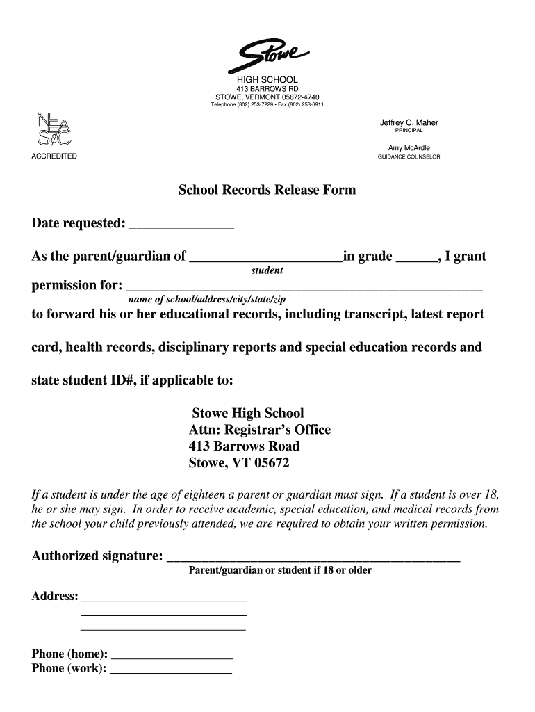 School Records Release Form Date Requested as the Parent Stowe K12 Vt