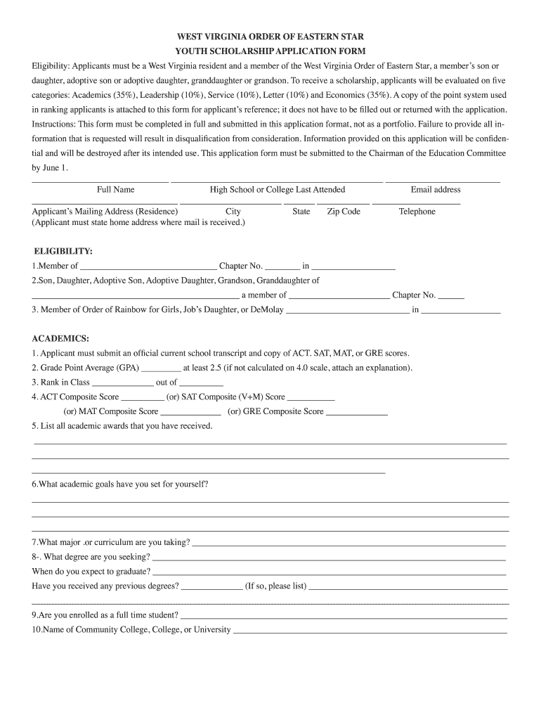 Wv Order of Eastern Star Youth Scholarship Application Form