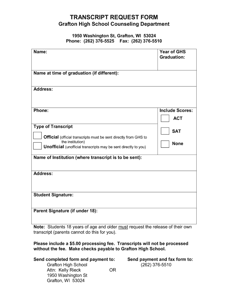 TRANSCRIPT REQUEST FORM Grafton High School