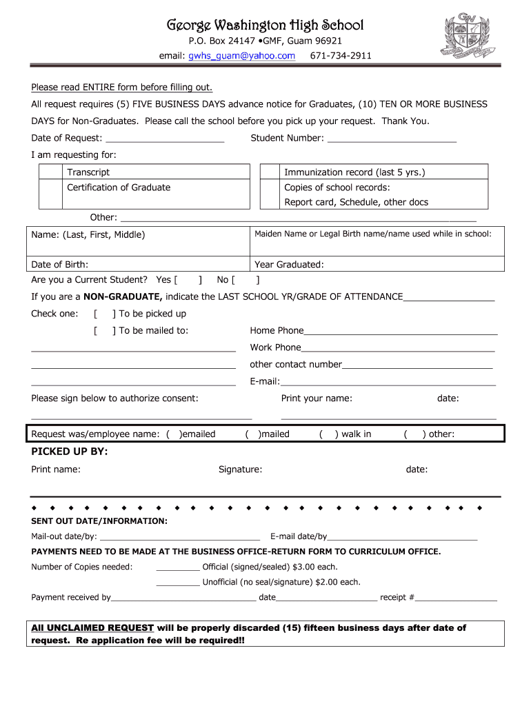 Get and Sign Btranscript Requestb  George BWashingtonb High School  GUAM USA  Form