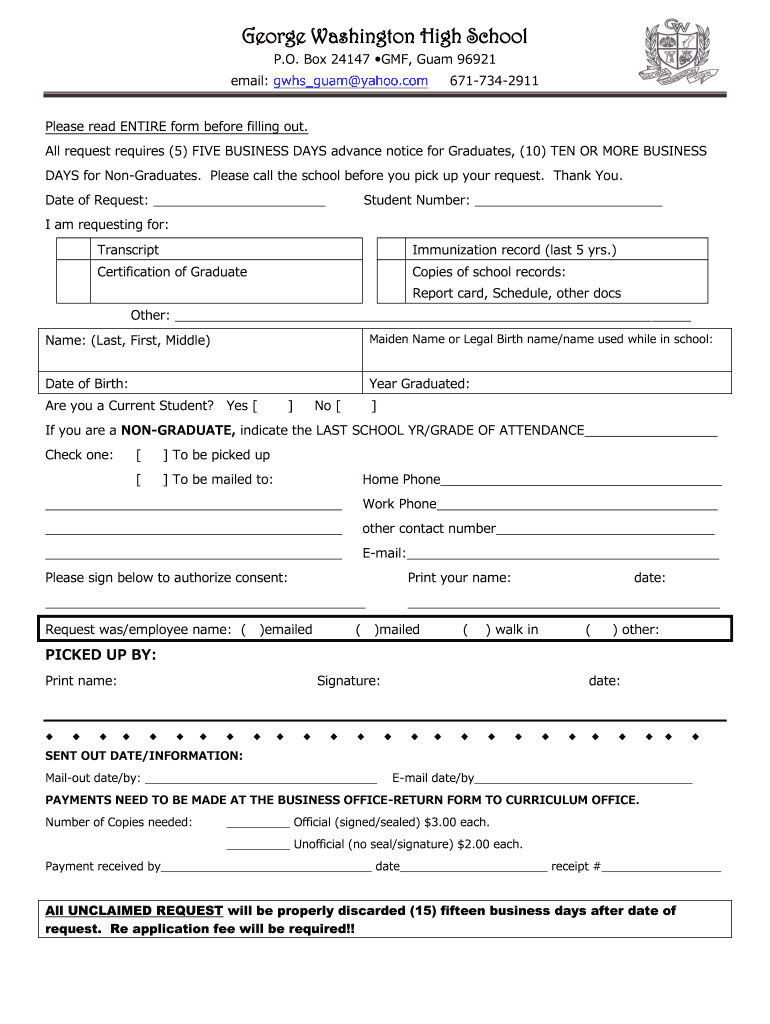 Btranscript Requestb  George BWashingtonb High School  GUAM USA  Form