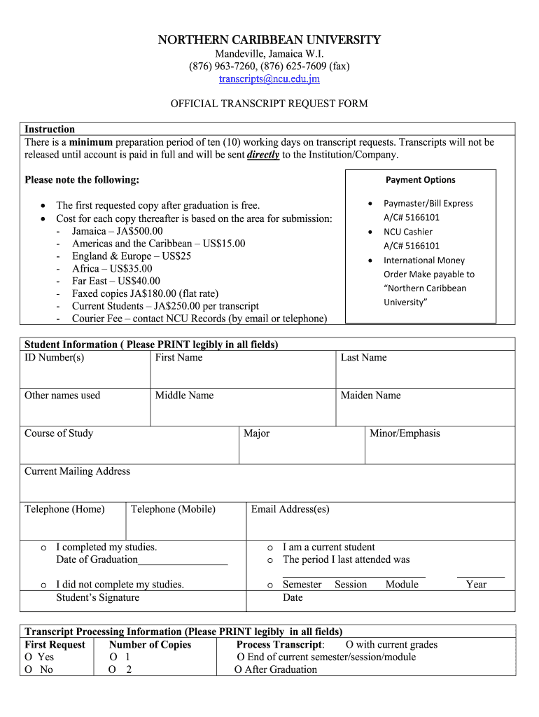 Ncu Transcript Request  Form