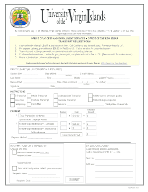 Transcript Request Form for Students on the St Thomas Campus Uvi