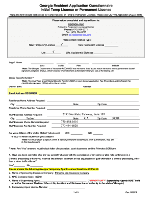 Georgia Resident Application Questionnaire Initial Temp License or  Form