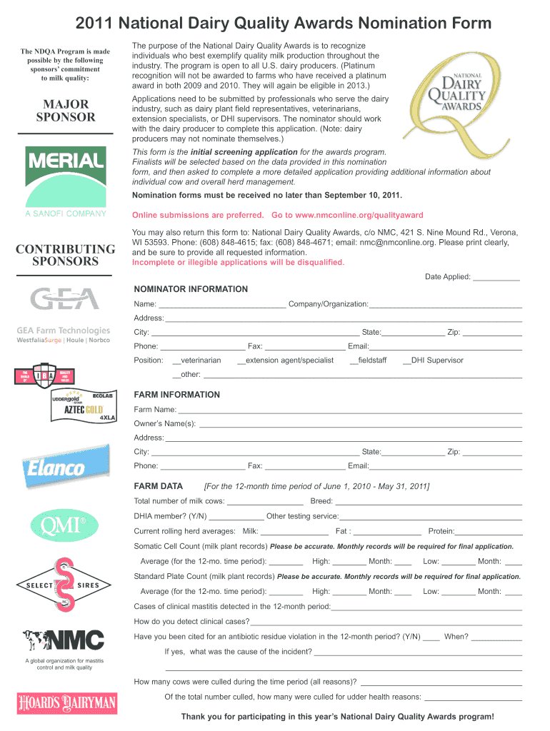  National Dairy Quality Awards Nomination Form  Nmconline 2011-2024