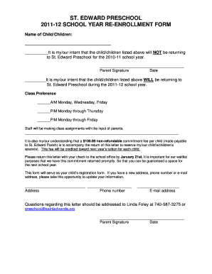 ST EDWARD PRESCHOOL 12 SCHOOL YEAR RE ENROLLMENT FORM Saintedwardspreschool