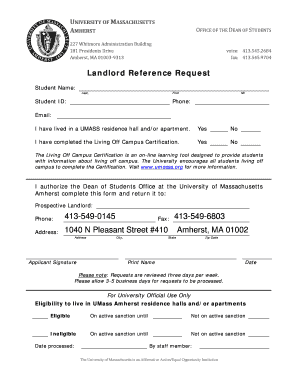 Landlord Reference Request Form University of Massachusetts