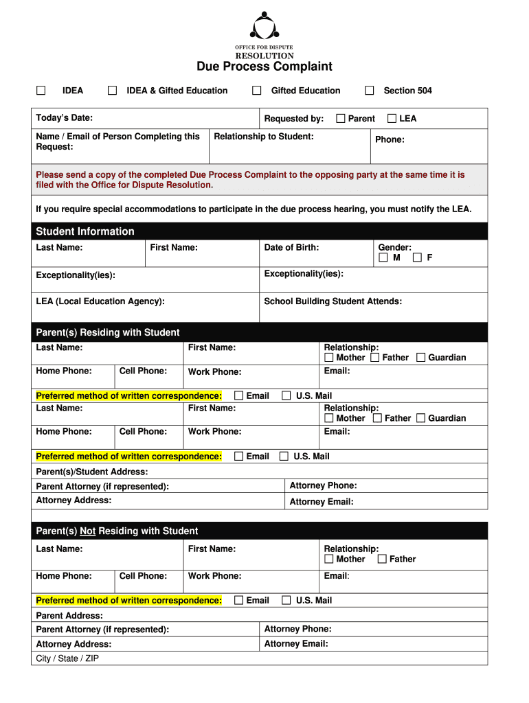  Special Education Due Process Request Form Pennsylvania  Odr Pa 2015-2024