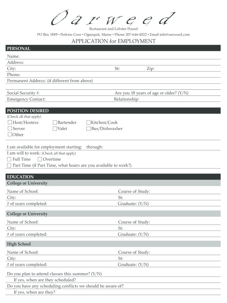 BApplicationb Page 1 Oarweed Restaurant  Form