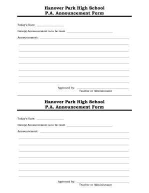 Hanover Park High School PA Announcement Form