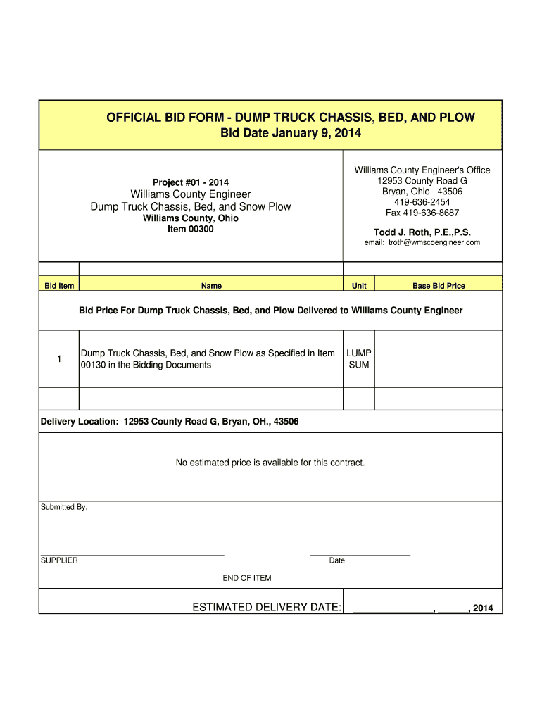 Get and Sign 00300 1 Bid Form Dump Truck  Williams County Engineer 2014-2022