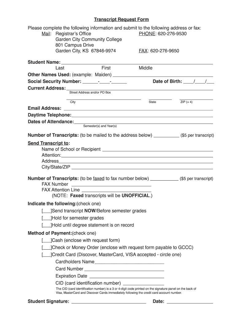 Transcript Request Form  Garden City Community College  Gcccks