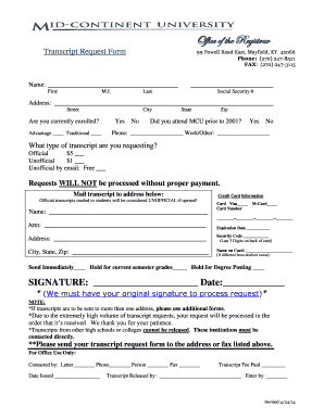 Mid Continent University Transcript Request  Form