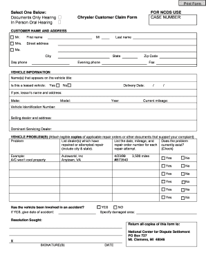 Chrysler Generic Customer Claim Form NCDS Home Ncdsusa