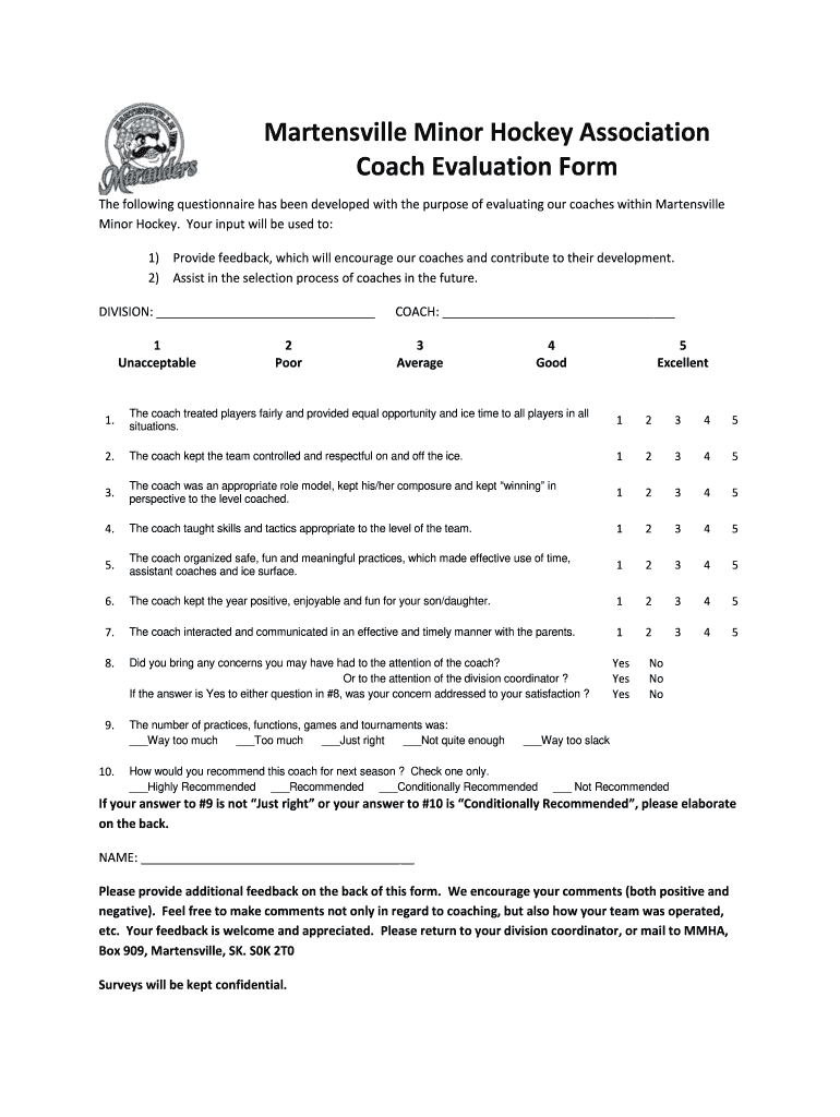 Martensville Minor Hockey Association Coach Evaluation Form
