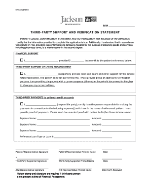 Third Party Support and Verification Statement Jackson Health System  Form