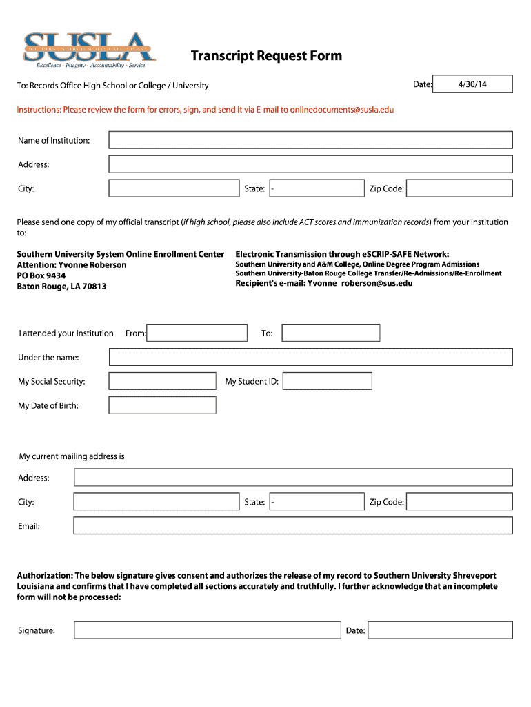 Susla Transcript Request  Form