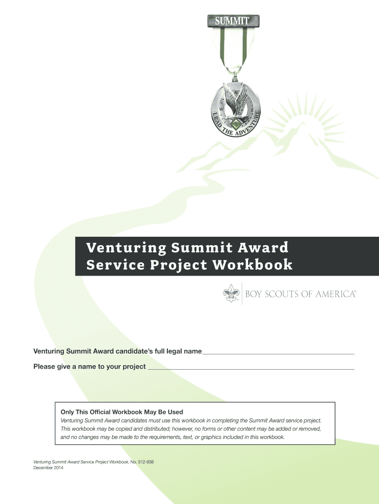  Venturing Summit Award Service Project Workbook, No 512 938 Bsaseabase 2014